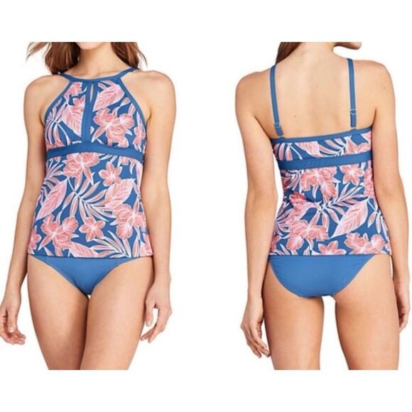 Lands' End Size 16D Modest High Neck Keyhole Floral Tankini Top Slimming - Picture 1 of 11